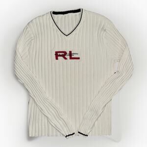 Polo Ralph Lauren RL V-Neck Cable Knit Sweater White Women’s Small Preppy Y2K